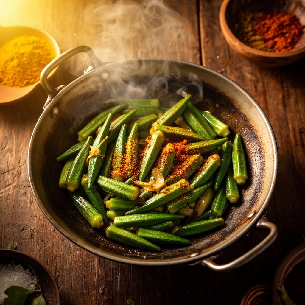 Bhindi okra being stir-fried with spices in a traditional Pakistani cooking pan