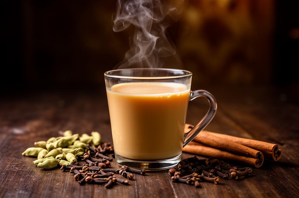 Steaming glass of traditional Pakistani chai with cardamom pods, cinnamon sticks, and cloves on a dark wooden table