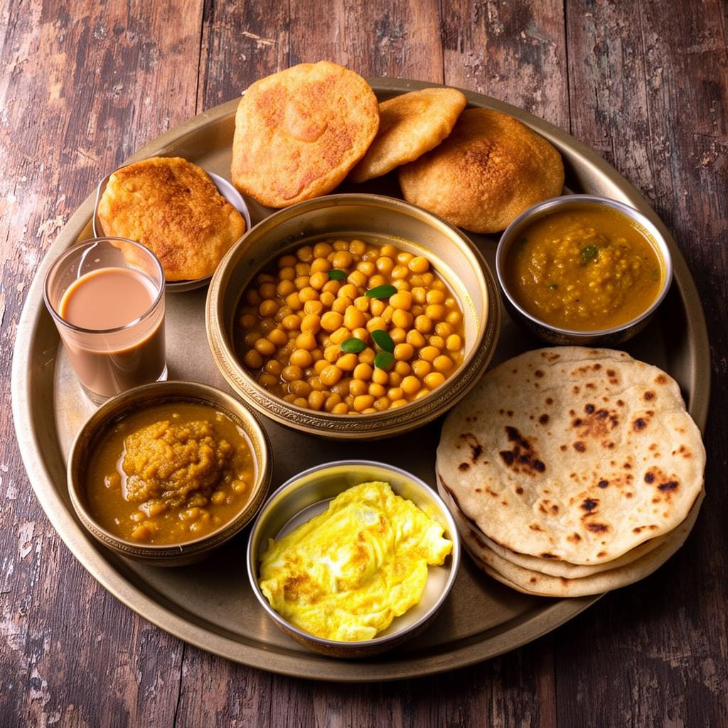 Traditional Pakistani desi breakfast spread with halwa puri, chana, paratha, and chai