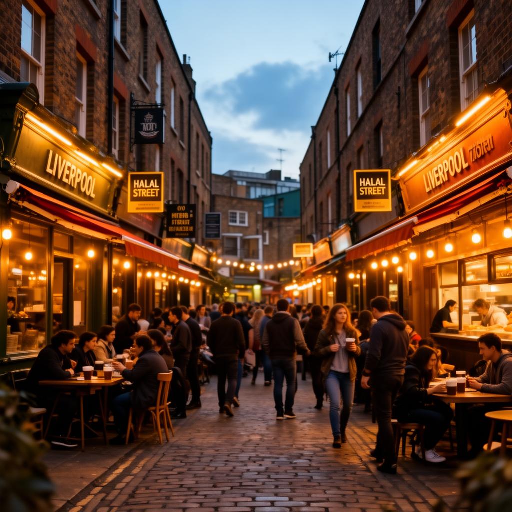 Liverpool food scene at dusk with restaurants and warm glowing lights