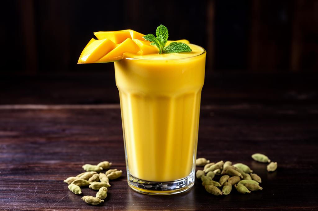 Tall glass of golden mango lassi with fresh mango slices, mint garnish, and cardamom pods on a dark wooden table