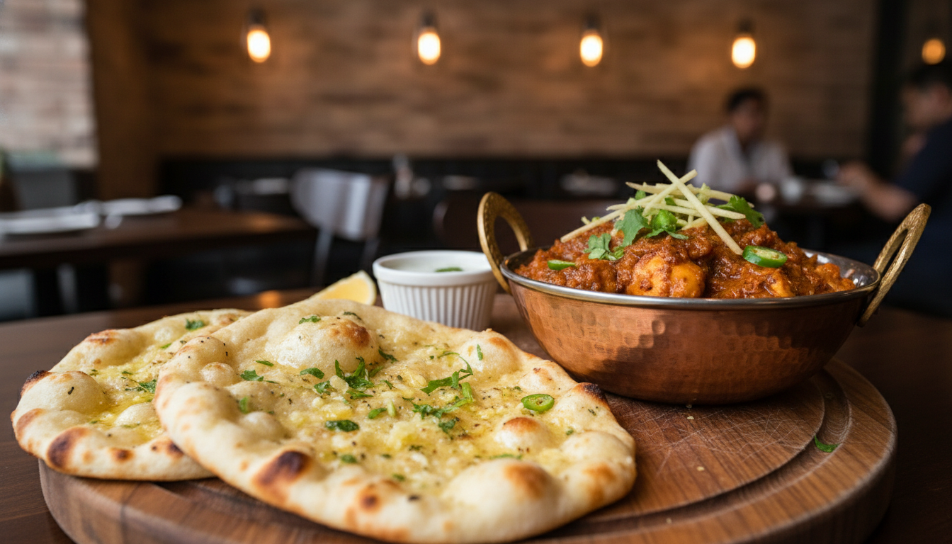 Garlic naan with spicy curry