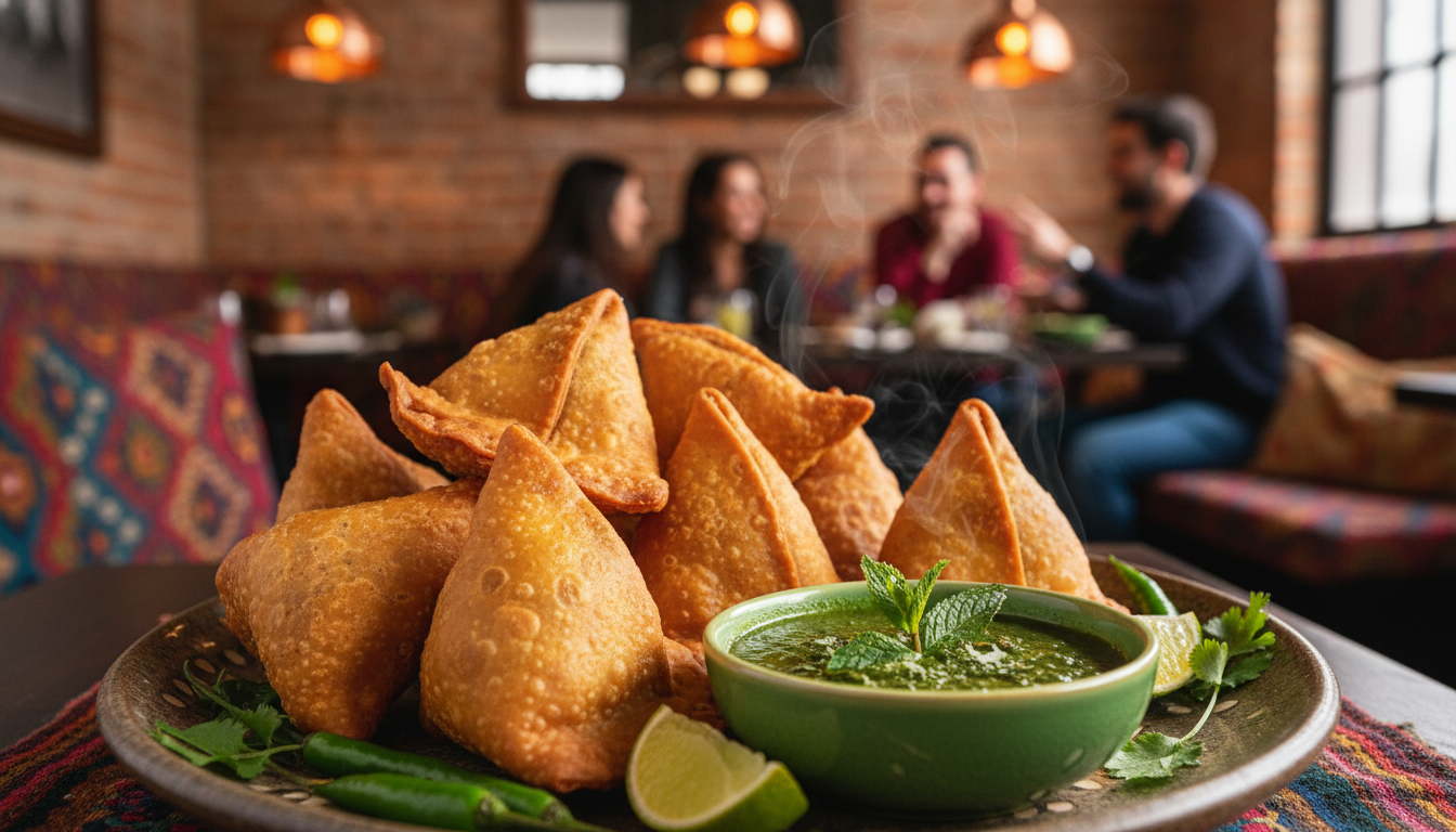Crispy samosas with mint chutney