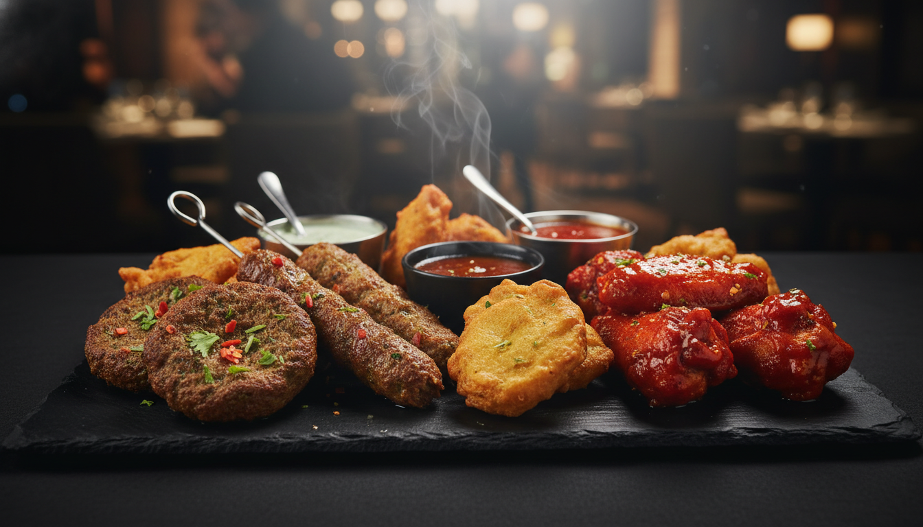 Meat sharing platter for two with mixed kebabs, butter chicken, lamb karahi and sides at Fozia's Liverpool